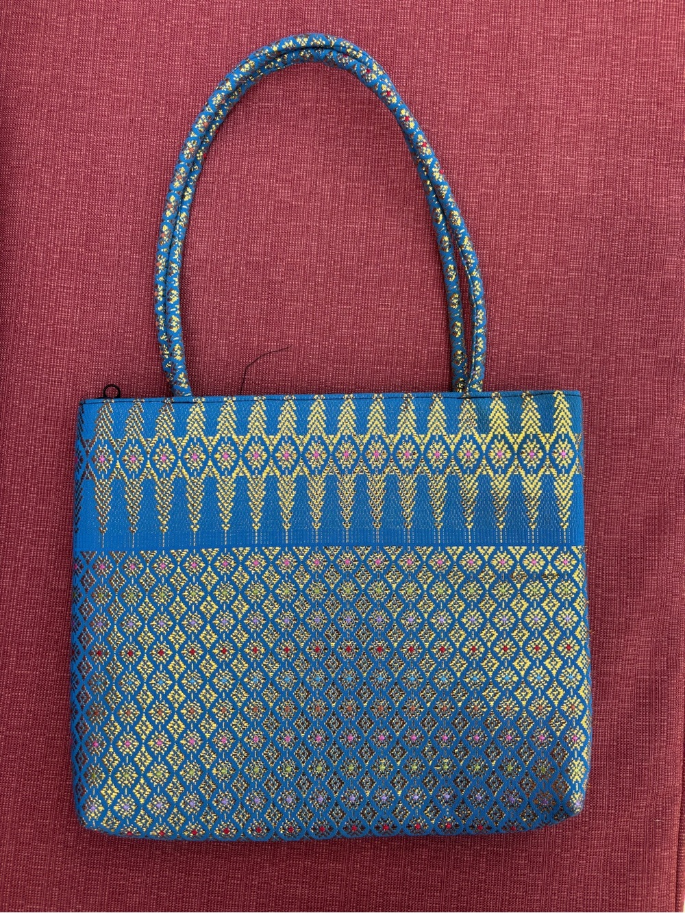 Vintage Teal & Gold Woven Tote Bag Metallic Embroidered Lightweight Boho Purse